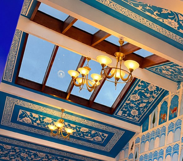 The skylit, hand-painted ceiling at Urban Spices Balmain
