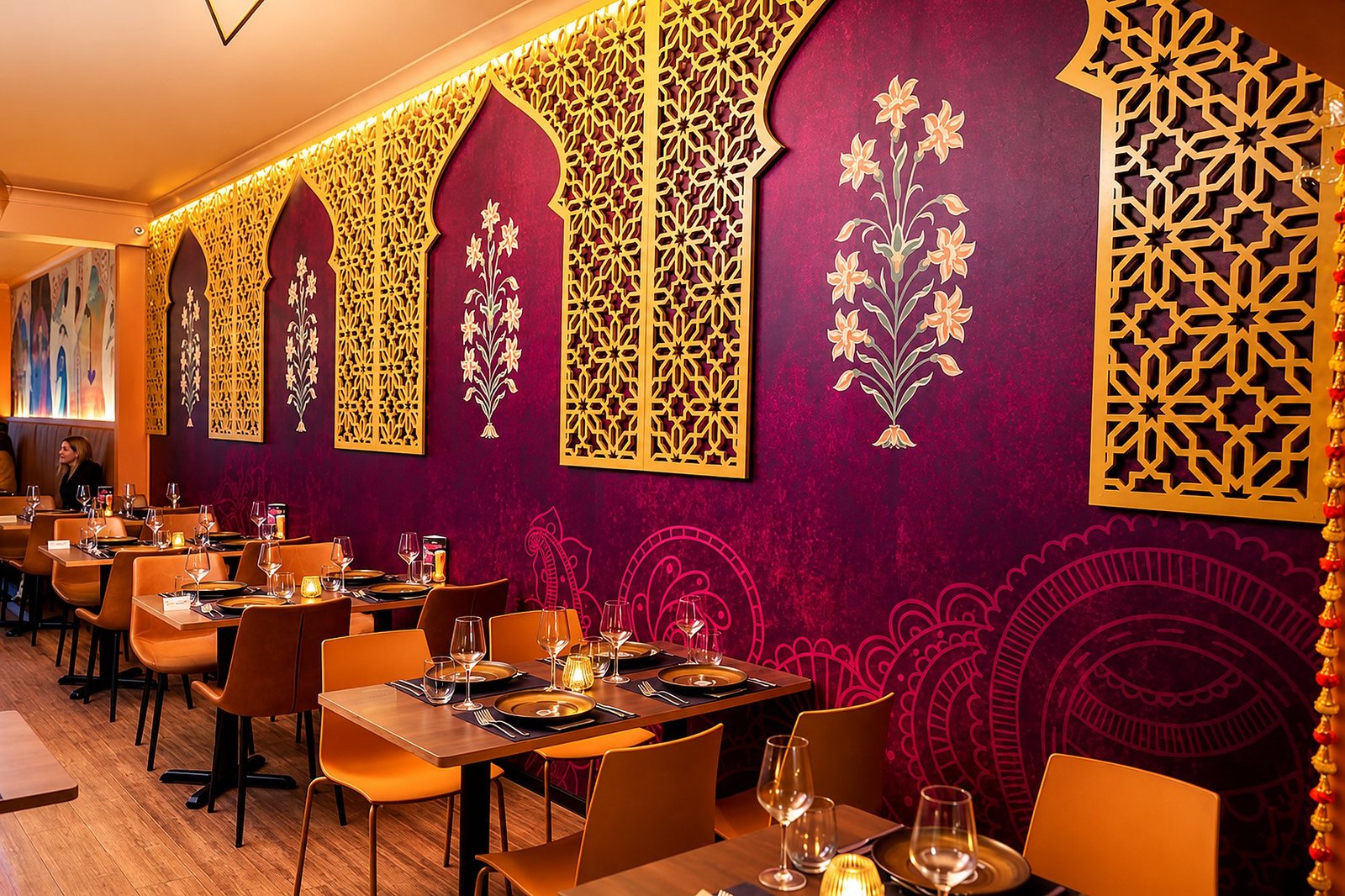 The plum and gold jaali dining room at Urban Spices, Balmain